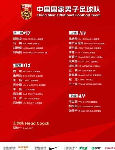 韦世豪领衔，布尼亚明、赵松源入选